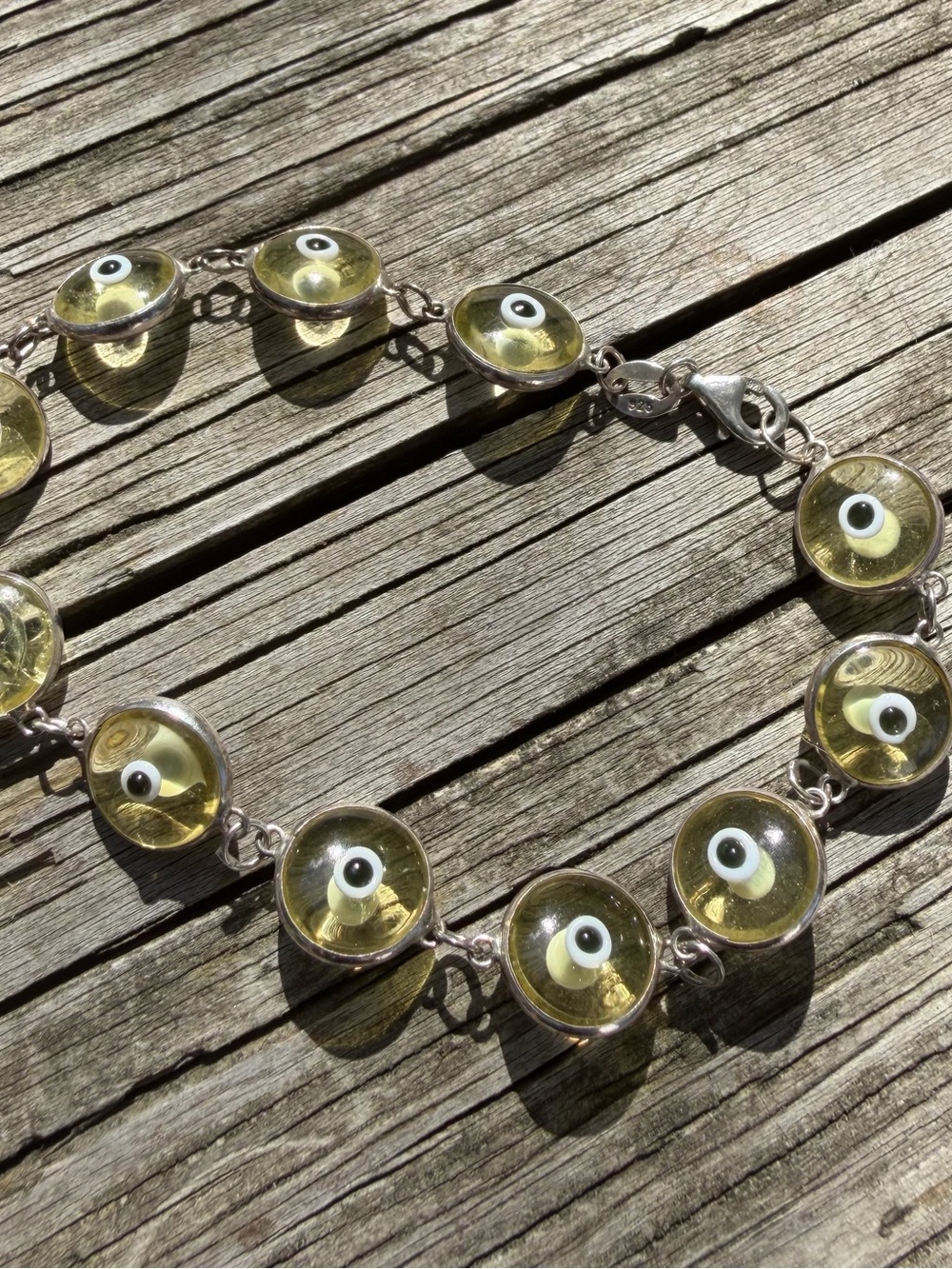 Light Yellow Green Evil Eye Bracelet Marked 925 Reversible 7.5” Glass